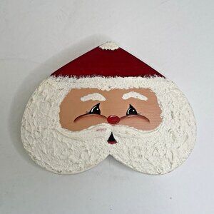 Hand Carved & Painted Heart Shaped Santa Wooden Block Rustic‎ Christmas Decor